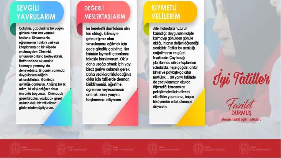Mersin İl Milli Eğitim Müdürü Sayın Fazilet DURMUŞ'un Yarıyıl Tatili Mesajı